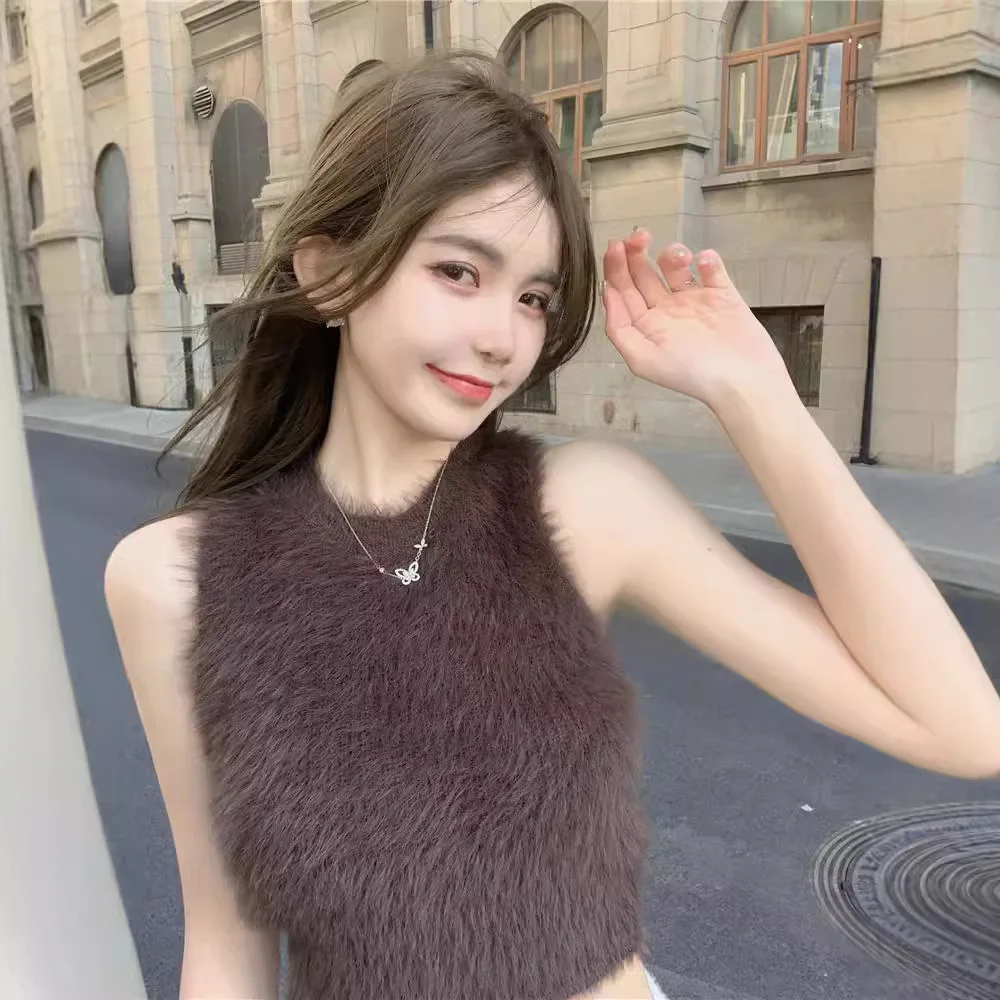 Mink Fur Vest For Women In Autumn Winter, Sexy Sleeveless Furry Short Top, Soft And Sticky, With Plush Bottom Layer