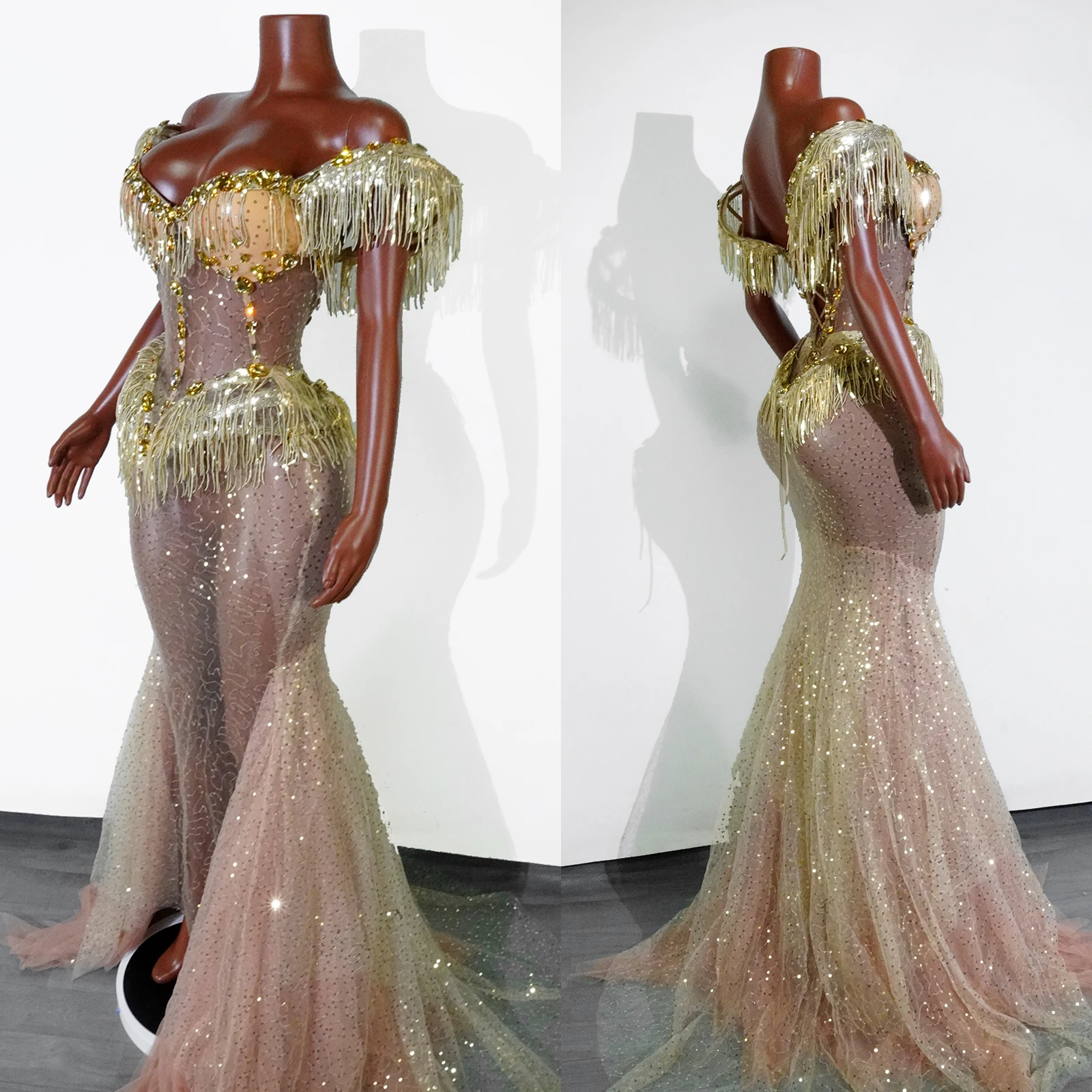 

Luxury Mermaid Maxi Dress Fringe Sequins Sparkly Crystal Sexy Sheer Birthday Party Drag Queen Outfit Wedding Celebration