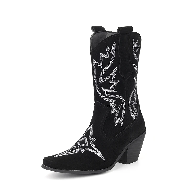 

Mid-Caf Wedge Heel Cowboy Boots Embroidered Western Cowgirl Boots for Women Autumn Pointed Toe Thick Heel PU Leather Botas Mujer