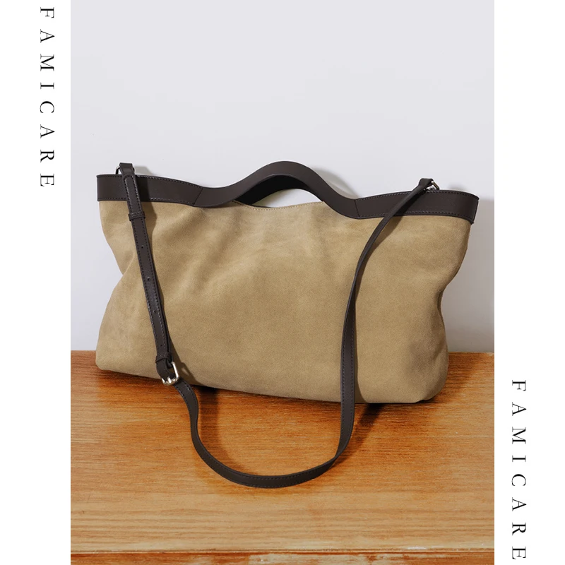 2025 Fall Winter New Suede Leather Tote Bag Unique Vintage Large Capacity Shoulder Crossbody Handheld Bag Durable Women Handbag