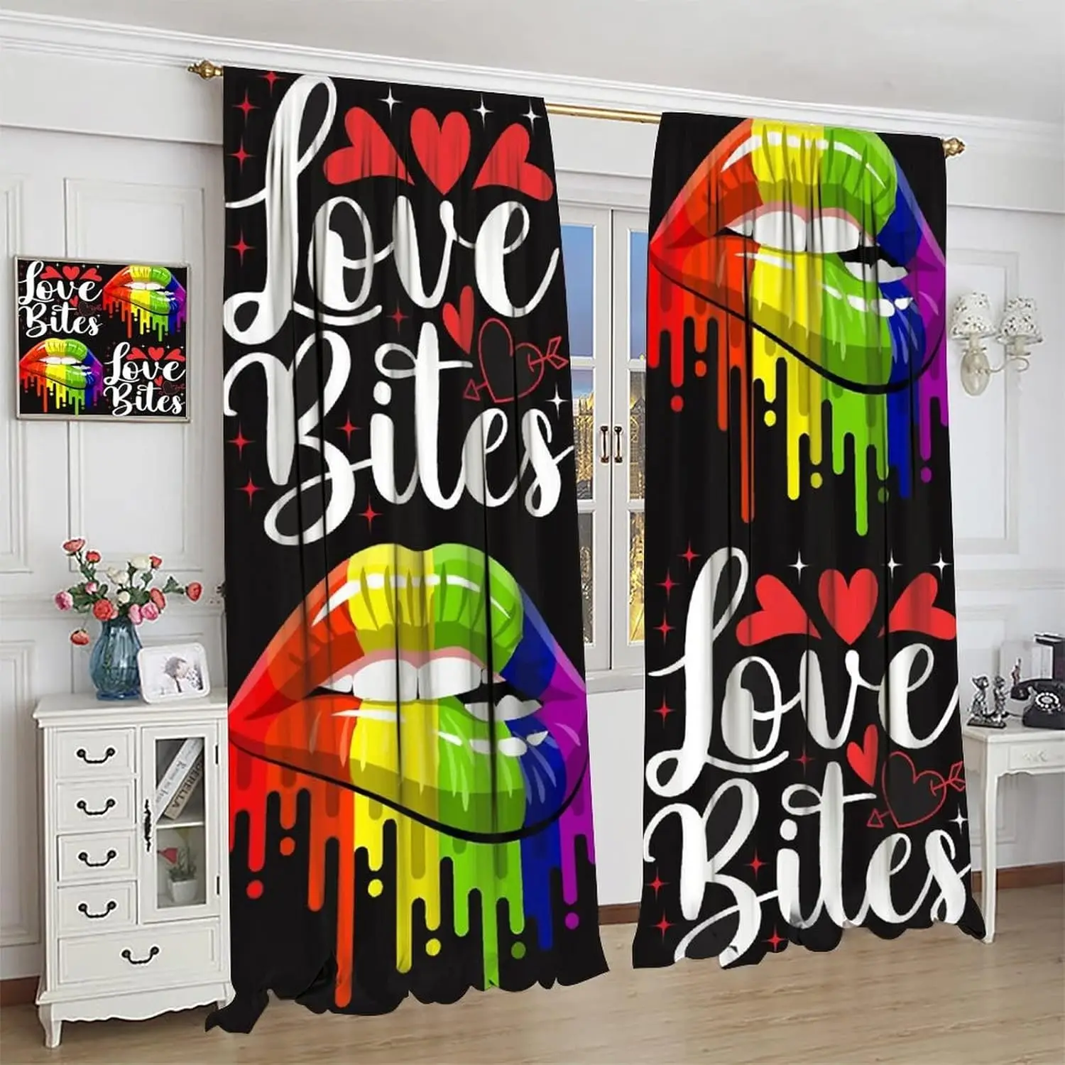 Rainbow Striped Curtains,Women Sexy Lips Funny Lips Text Quotes,Women Women Bedroom Living Room Blackout Curtains,Set of 2Panels