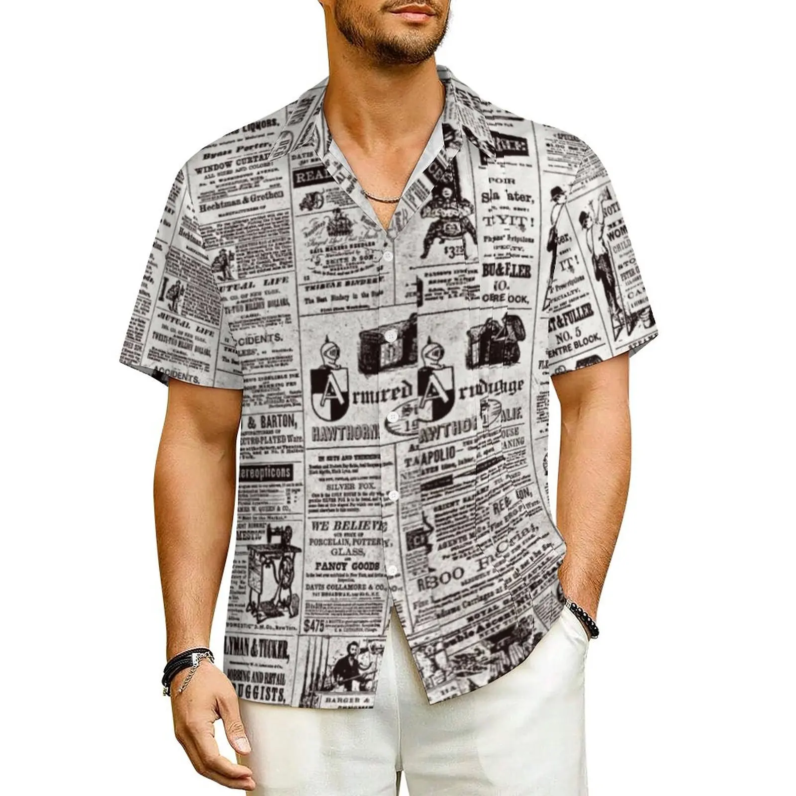 

Texture Newspaper Hawaiian Shirt For Man Vacation Vintage Print Casual Shirts Short Sleeve Street Style Design Plus Size Blouses