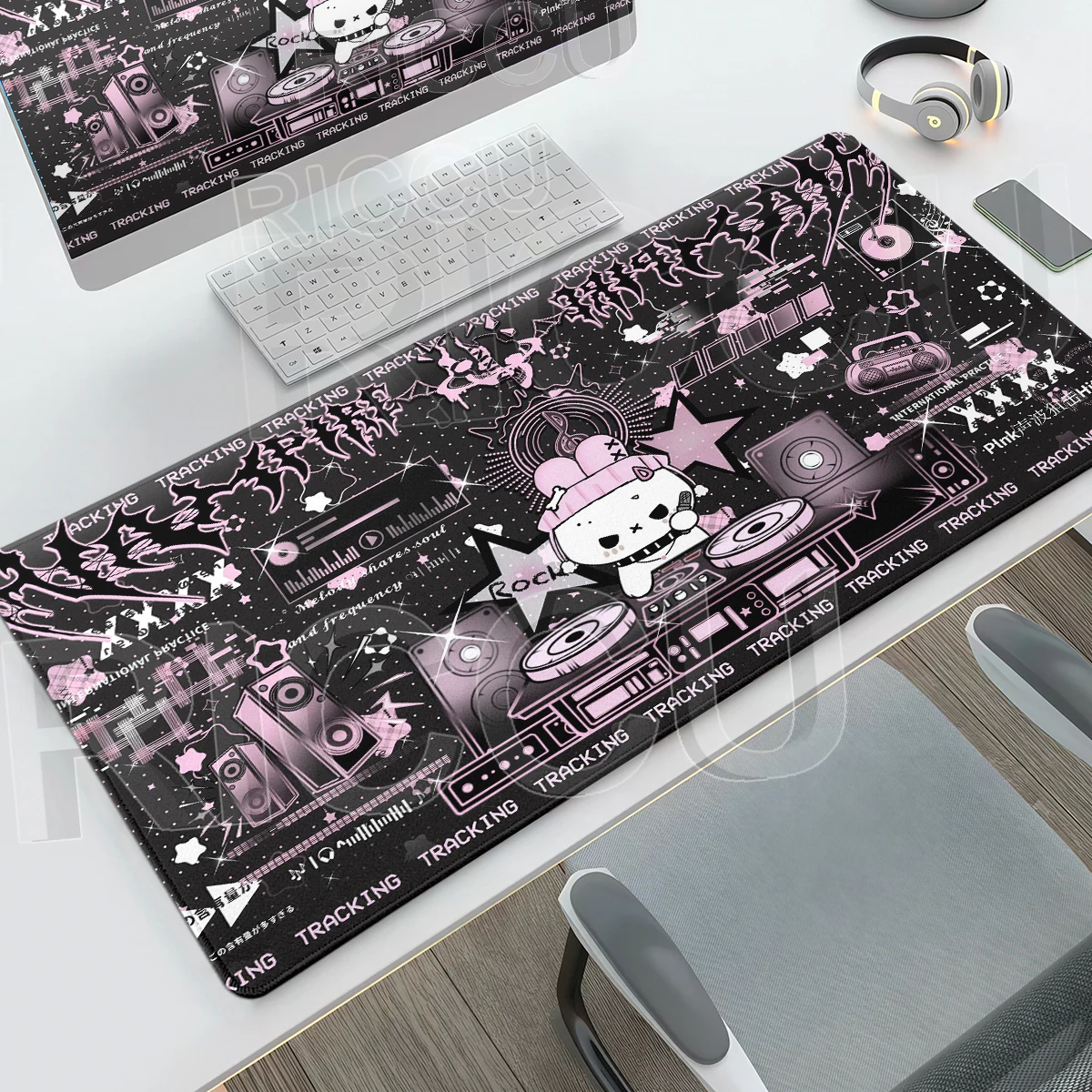Black Pink Cartoon Rock Rabbit Mousepad Cute Bunny Non-slip Desktop Mat Large Gaming Keyboard Mouse Pad Office Student Tablepad