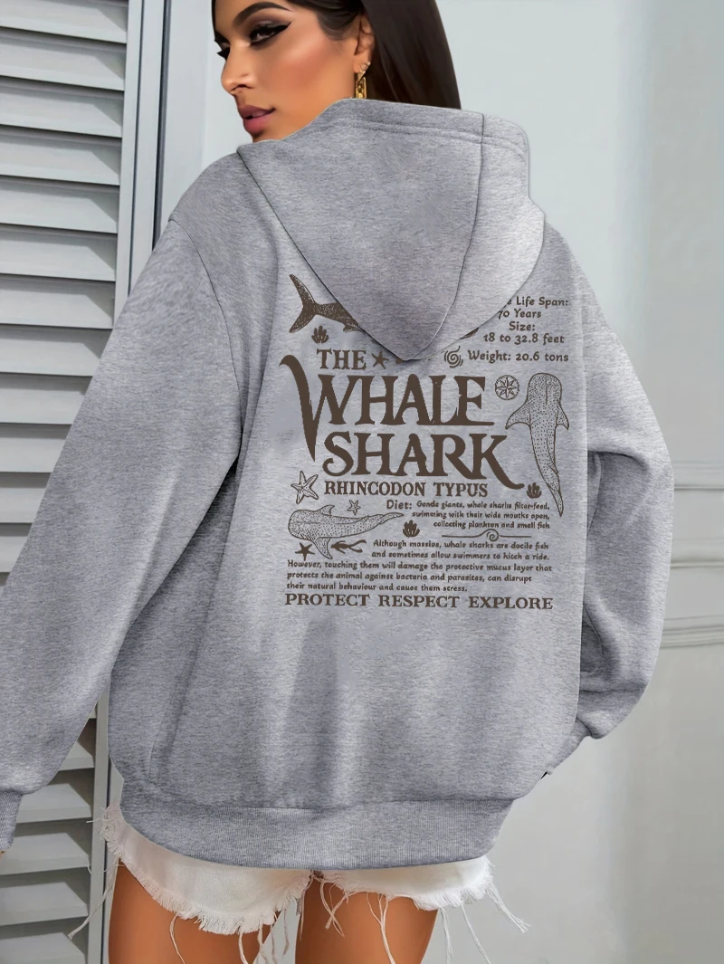 Kreativer Walhai mit Buchstaben-Print, Damen-Streetwear, weiche, trendige Kapuzenpullover, einfarbige, warme Kleidung, lockerer Hip-Hop-Hoodie. – Detail 11