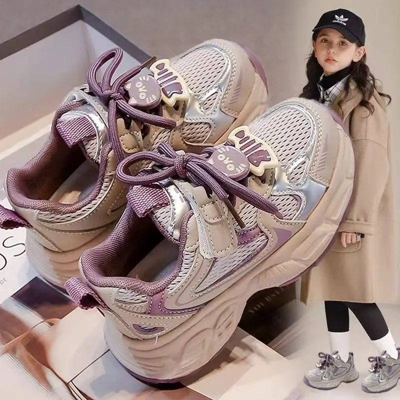 

Детская обувь, новинка 2024 года, спортивная обувь для маленьких девочек, дышащие уличные теннисные кроссовки с мягкой подошвой, модные детские кроссовки, размер 26-37