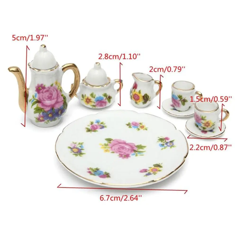 Blumendruck Puppenhaus Geschirr Geschirr Rosa Rose Puppe Porzellan Tee-Set Teller Teller 1:12 Miniatur Tassen Topf Rollenspiel