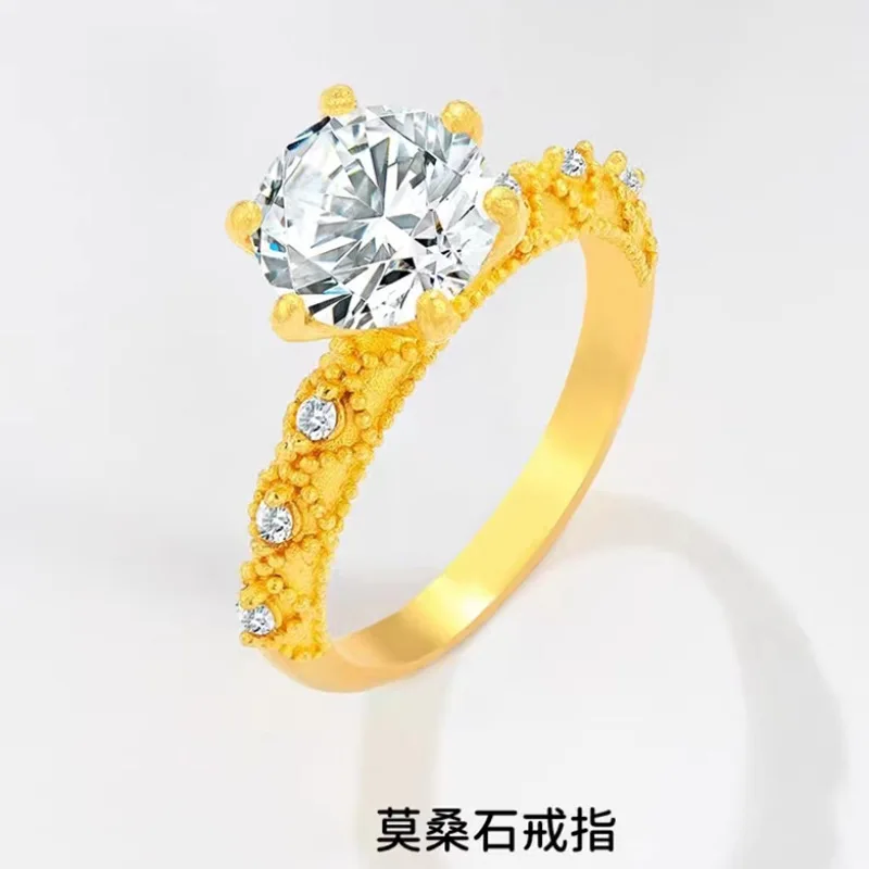 Women's 24K Gold (AU999) Moissanite Open Ring | Gold-inlaid band, hammered texture with adjustable moissanite setting