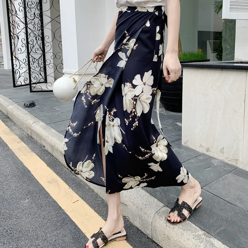 

n Summer 2025 New Sle Wrap Skirt Long Dr Beachy f-length Fro Polyester Fiber Mid-waist All-match Design