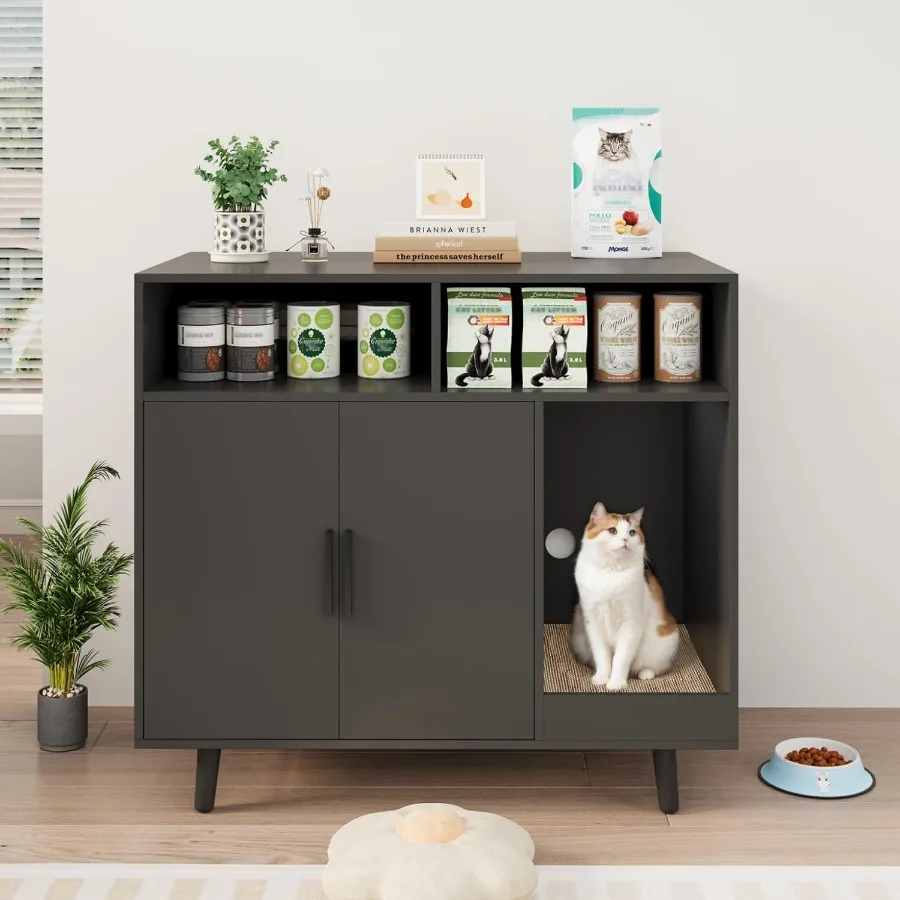 

Tall Hidden Litter Box Furniture Large Black Cat Litter Box Enclosure Wooden Cat Litter Furniture with Cat Scratching Board for