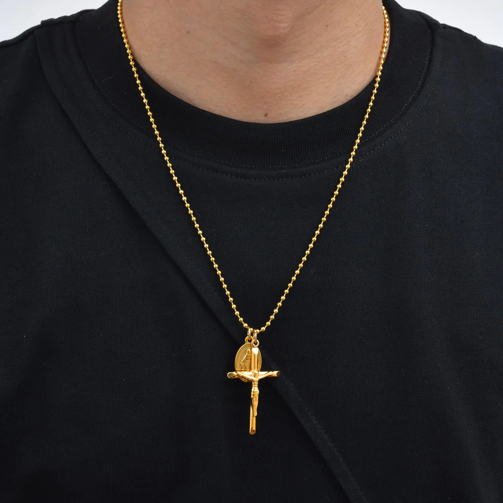 Vintage Virgin Mary Cross Pendant Necklace for Men, Fashion Stainless Steel Beaded Chain Necklace, Religious Prayer Jewelry