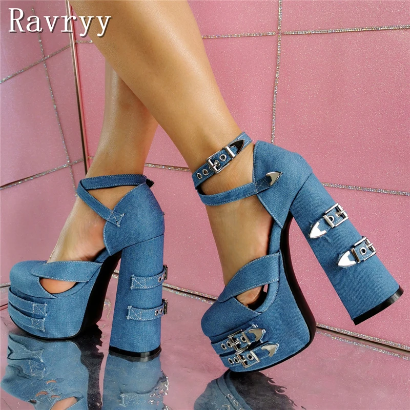 Blue Denim Belt Buckle High Heel Pumps Women Lolita Punk Platform Thick Sole Large Size Catwalk Brand Design Shoes