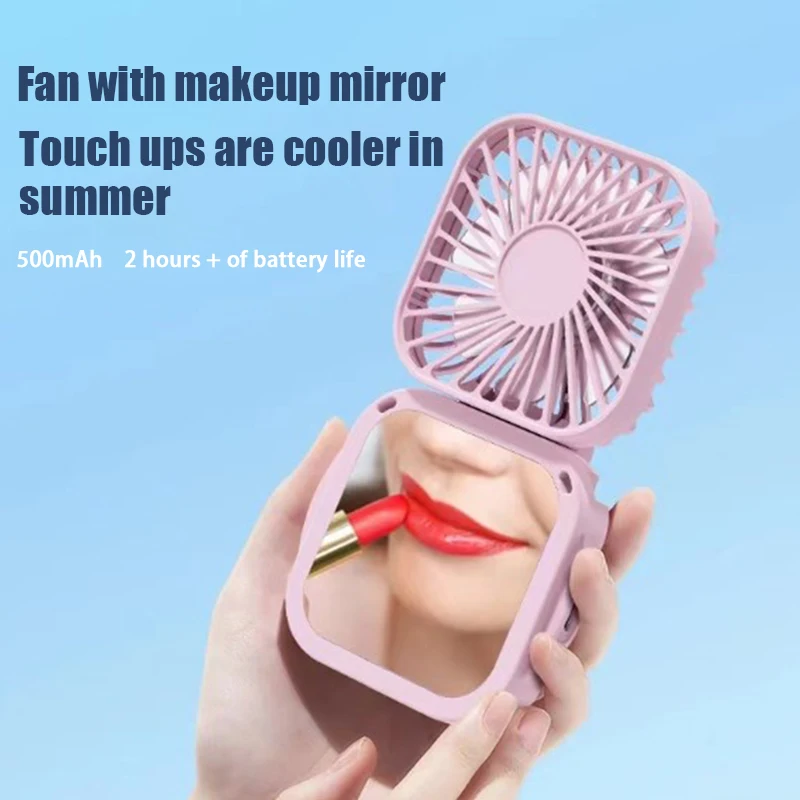 Summer Convenience Strap USB Rechargeable Small Fan With Makeup Mirror Mute Handheld Folding Desktop Multi Range Electric Fan