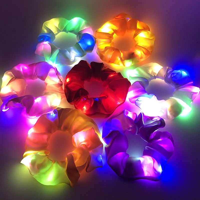 9Pcs/pack Led Luminous Hair Band Satin Scrunchies Elastic  Tie Glow  Accessories for Party Christmas Decoration