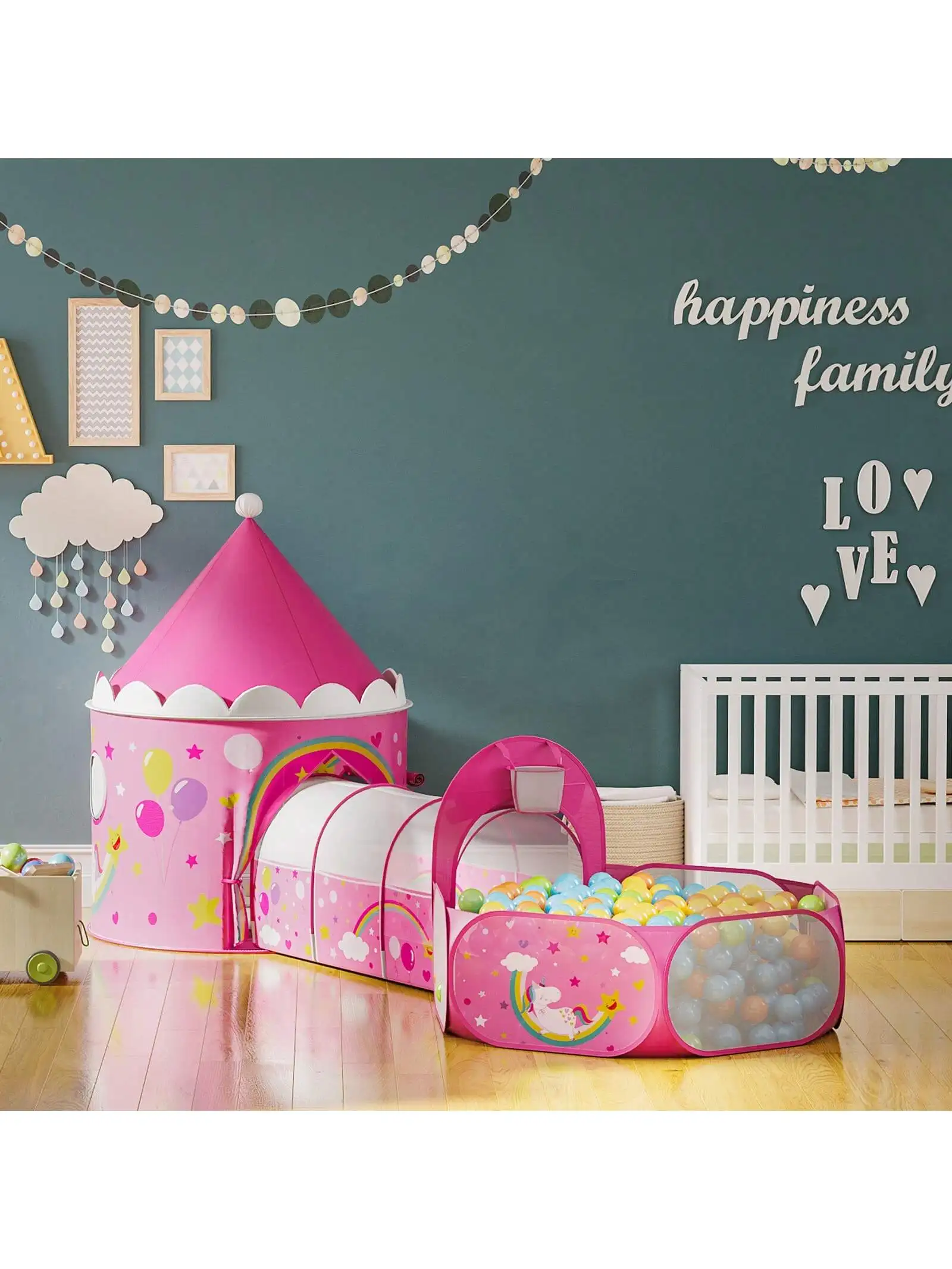 SONGMICS tenda da gioco per bambini unicorno 3 in 1. Include Tunnel, parco giochi con palline, tenda a razzo Pop-Up. Uso interno/esterno.