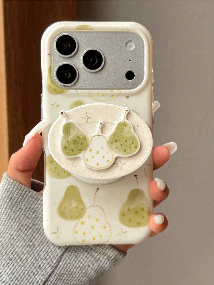 

Cute Cartoon Pear Magnetic Bracket Phone Case For iPhone 17 Pro Max 16 15 14 13 Back Cover Holder Griptok Support With MagSafe