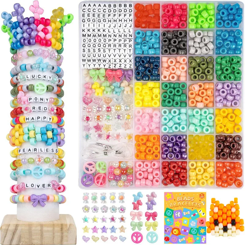 Kids DIY Beads Jewelry Making Kit Colorful Pony Beads Bracelet Necklace Craft Set Children Handmade Stringing Rainbow Toy Gift