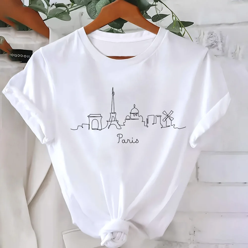 Simple And Elegant Paris Tower Printed Top O-neck Short Sleeved T-shirt High-quality And Comfortable Daily Women's Clothing