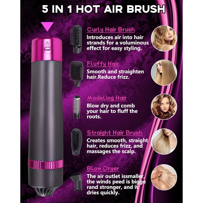 5 in 1 Hair Dryer Brush, Negative Ion Electric Hot Air Blow Dryer Brush Comb (black-red)