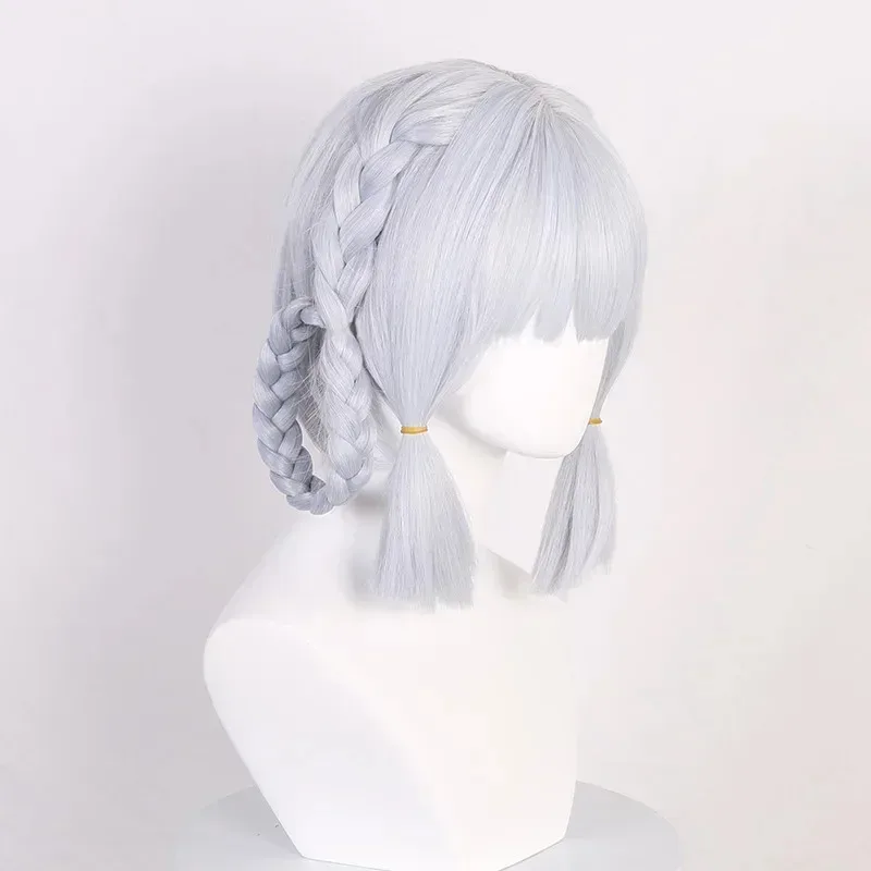 Kamisato Ayaka Anime Cosplay Perücke Silbrig Weiß Mit Pony Synthetisches Geflochtenes Haar Kurze Gerade Perücke Süßes Mädchen Comic-Con Coser