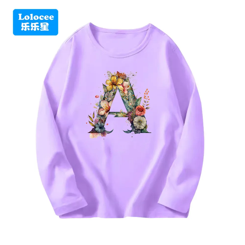 26 English Letters Flower Name ABC Cartoon Printed T-shirt Round Collar Girls Children Purple Long Sleeve T-shirt Top