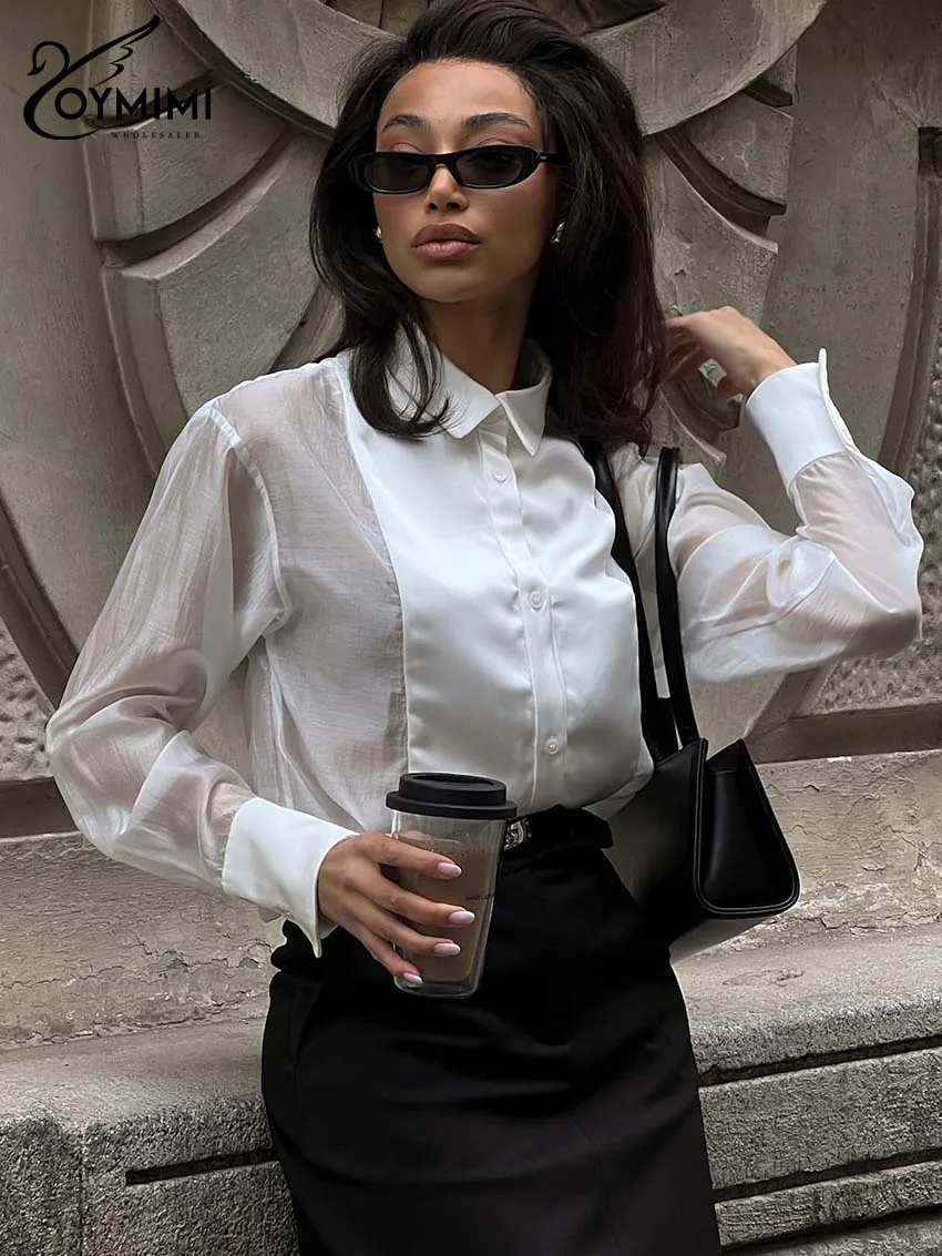 

Oymimi Casual White Satin Women Shirts Elegant Turn Down Collar Patchwork Shirt Fashion Translucent Long Sleeve Shirt Streetwear