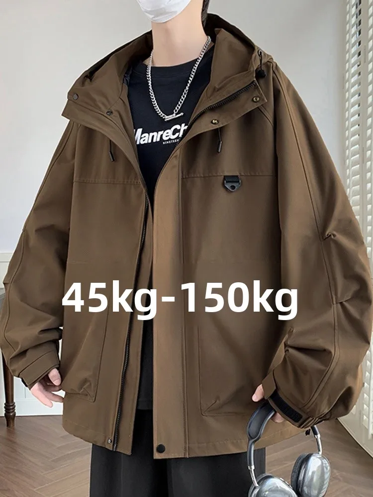 

plus Size Men's Hooded Jaet Spring Autumn Trendy Windproof Loose Fit Fce Lined Zipper Closure Casual Outerwear