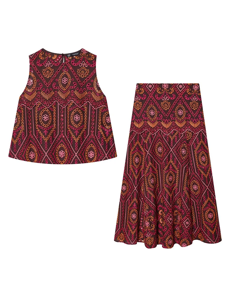 HH Woman Summer New Fashion Embroidery Hollow Sleeveless Round Neck Short Tops+Side Zipper Casual Printed Pleated Midi Skirt Set