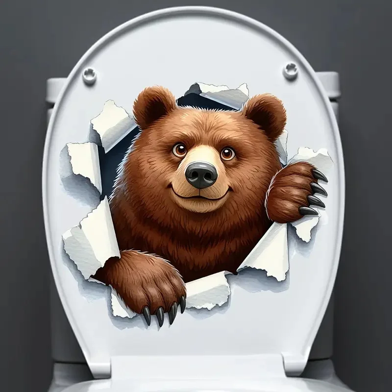 

3D Brown Bear Toilet Decoration Stickers,Self-Adhesive Wall Decal Removable,Vinyl Car Sticker for Toilet Lid, Bathroom Decor