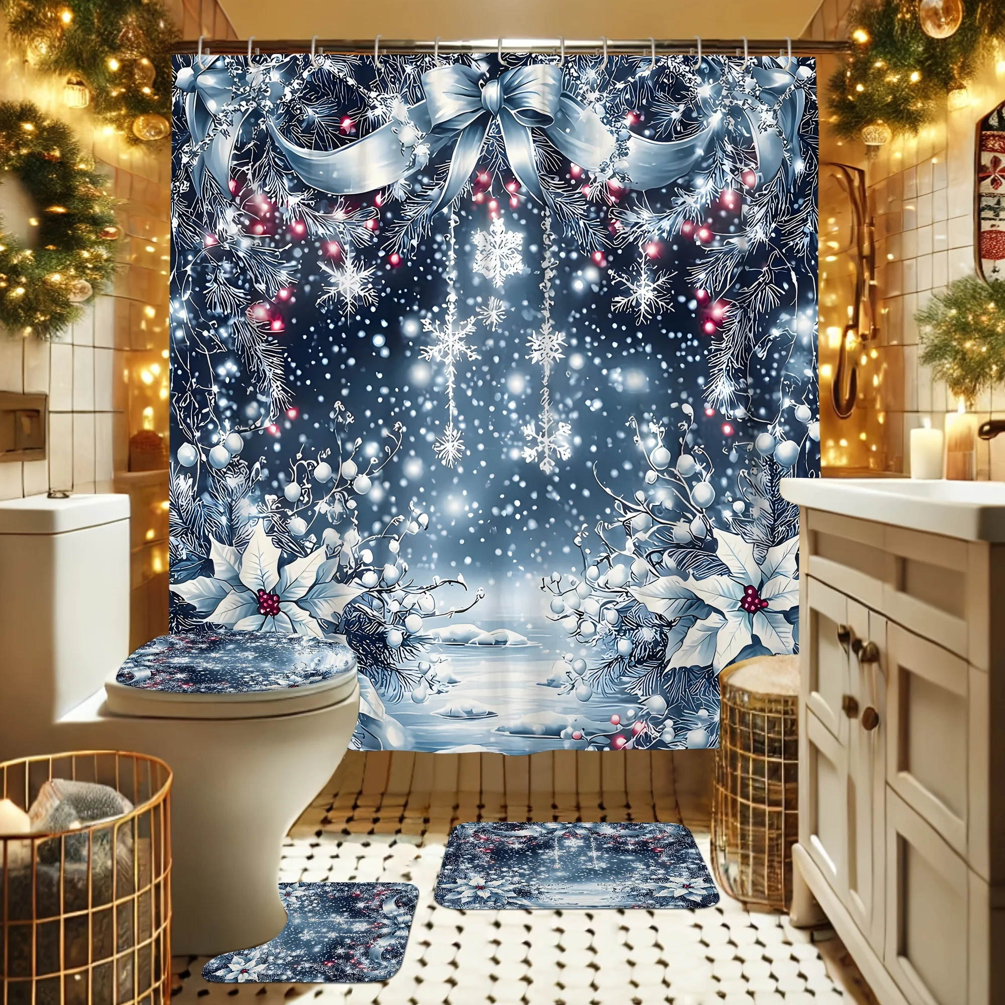 4Pcs Xmas Set, Snowflakes & Bow, Quinicoe Flower, Blue Silver Luxury, 12 Hooks, Non-Slip Mat, U-Shaped Cover, Holiday Bath Gift