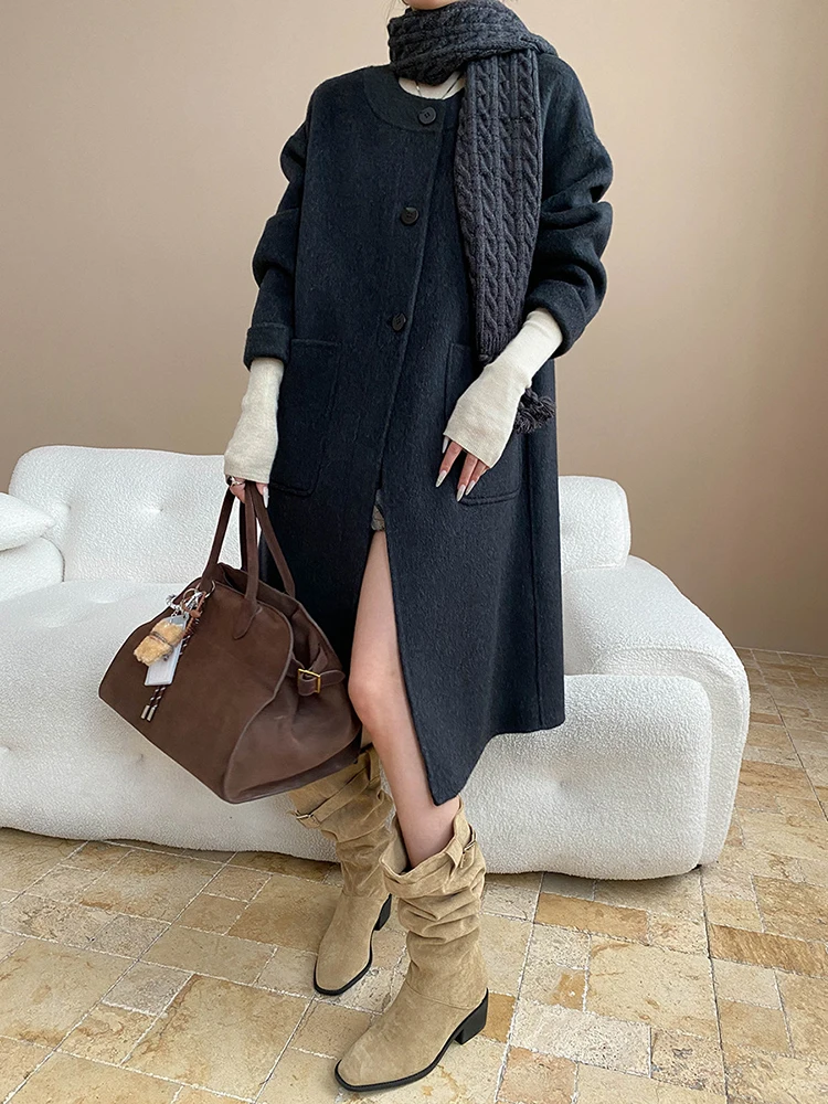 FANAN 럭셔리 니트 스카프 칼라 디자인 울 코트 여성용 싱글 브레스티드 두꺼운 따뜻한 외투 오피스 레이디 의류 겨울 신상