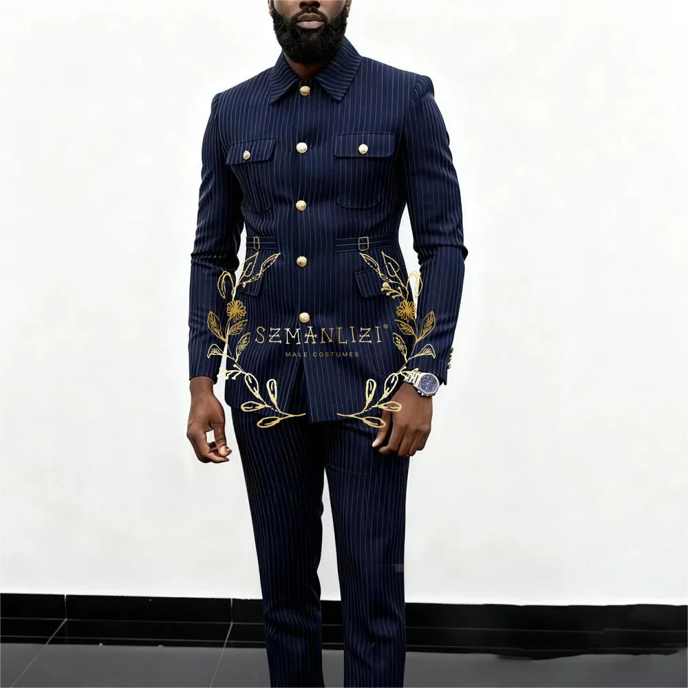 

Navy Blue Striped Suits For Men Business Blazer Wedding Groom Tuxedo Stand Collar Suits 2 Pieces Jacket Pants Terno Masculino