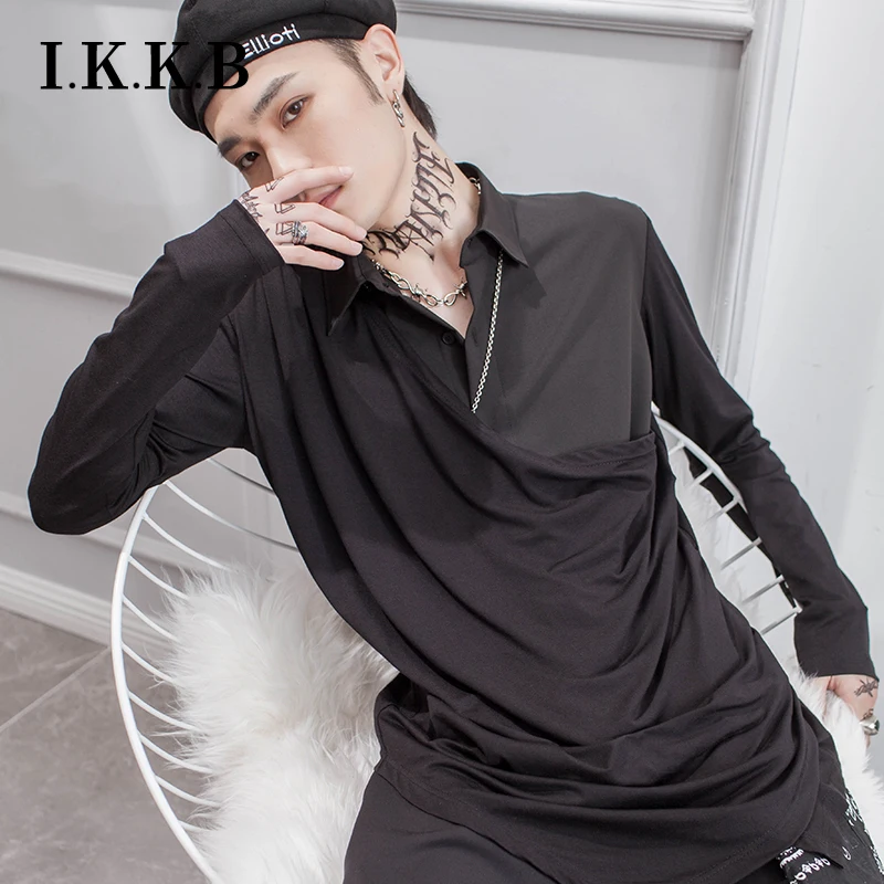 

Spring New Men Long Sleeve Shirt Summer Fashion Tops Personality Irregular Placket Loose Lapel Plus Size Clothing Masculina