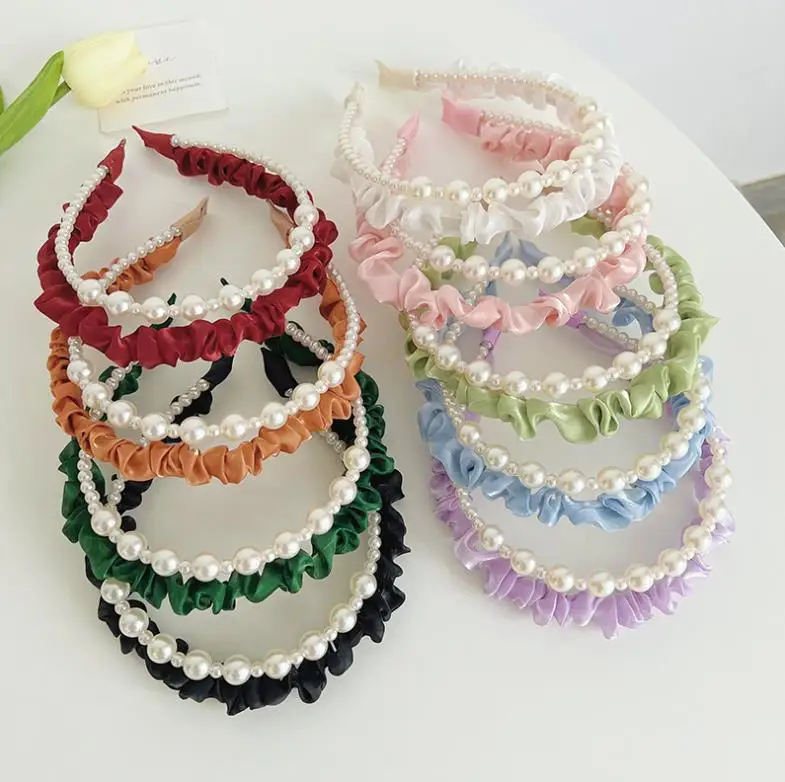 

Double Row Mesh Yarn Pearl Headband Solid Color Hairband for Women Girl Pleated Hair Hoop Sweet Color Headwear Hair Accessories