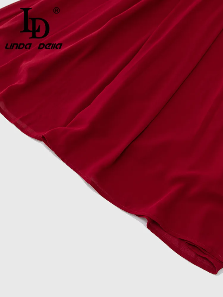 Imagem -06 - Linda Della-vestido Vintage de Passarela de Verão Feminino Vermelho Vinho Transparente Manga Comprida Cinto Drapeado Vestido com Zíper 2023 ld