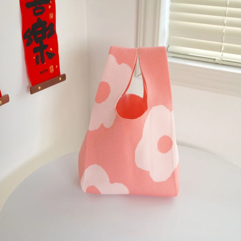 

Повседневная вязаная сумка на запястье с цветочным принтом, большая вместительная сумка-тоут ручной работы, многоразовая сумка с узлом