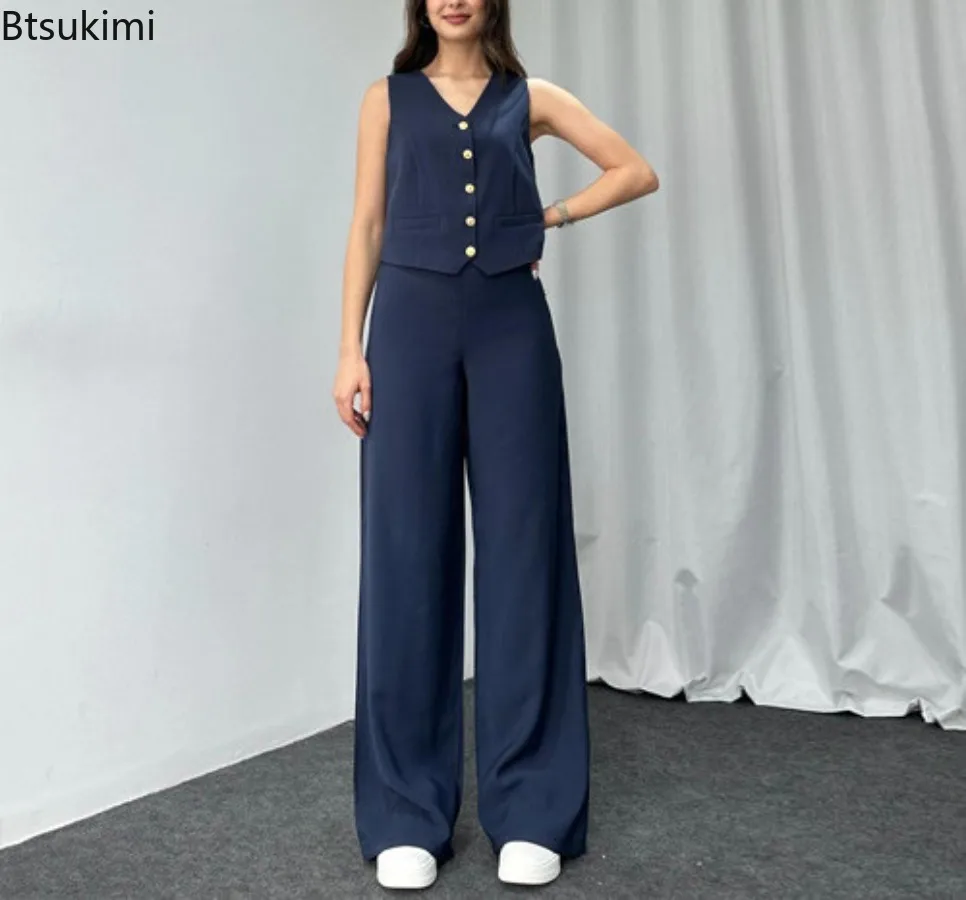 Summer New Long Pants Suit Women's Fashion V-neck Single-breasted Vest Wide Leg Pants Casual Two Piece Sets Women Matching Sets