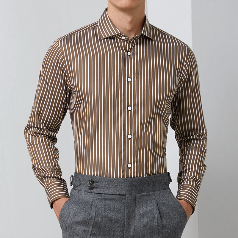 Luxury Man Shirt Dark Brown Chalk Stripe Dress Shirts For Men Shirt Tailor Made Shirts Coffee Striped Cotton Business Shirt