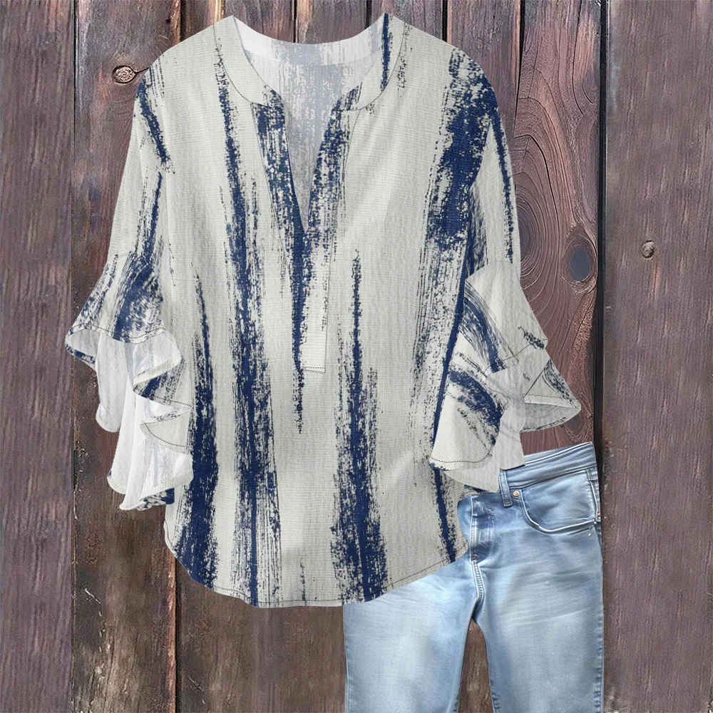 Sexual Intellectual Style V Neck Shirt Butterfly Sleeve Bubble Crease Fabric Women's Blouse Summer Casual Elegant Loose Fit Top