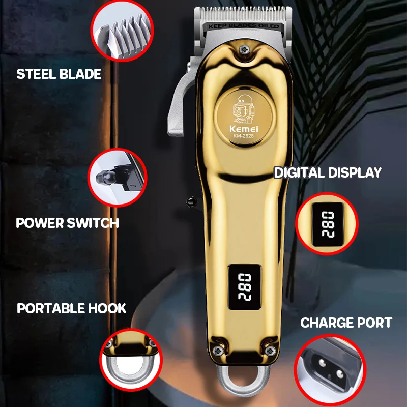 Kemei ปัตตาเลี่ยนตัดผมชายแบบชาร์จไฟได้, เครื่องเครื่องเล็มหนวดชุดตัดผมกรอบโลหะพร้อมจอแสดงผล LED
