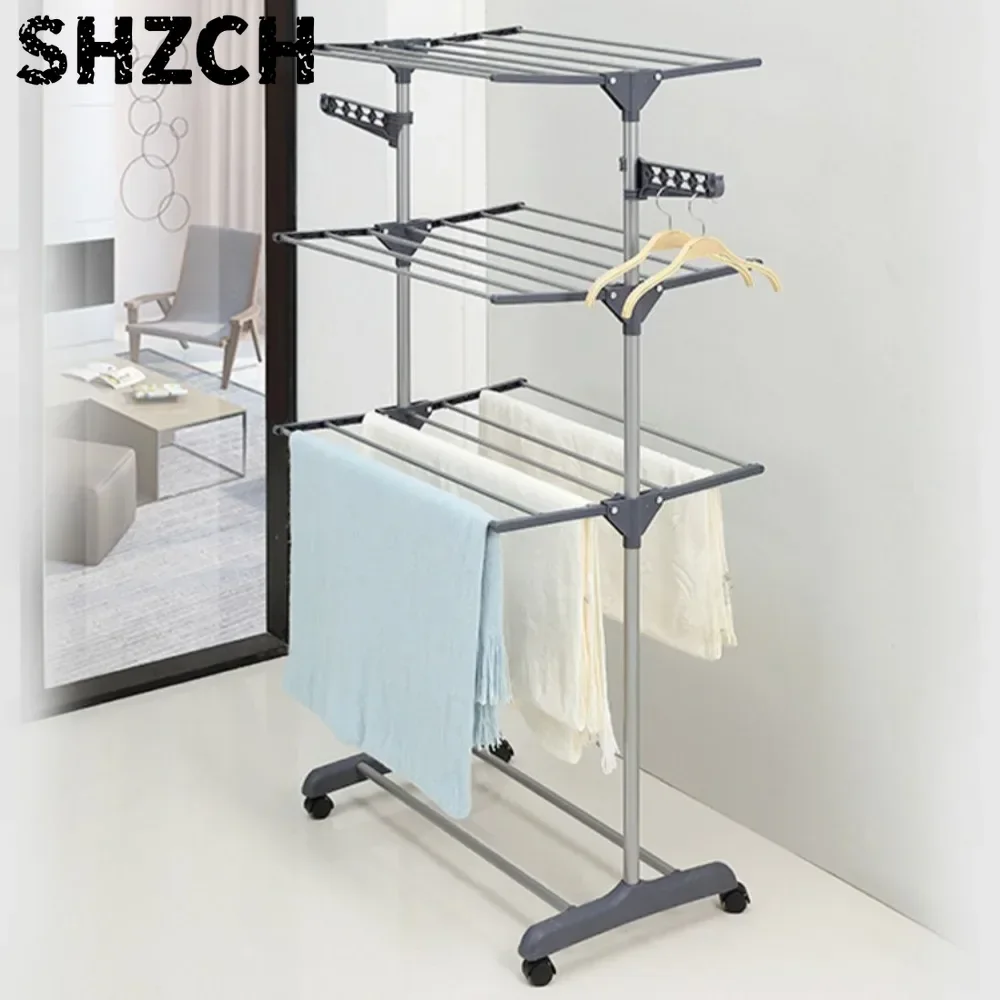 Clothes Rack Folding 3-Layer Strong Load-bearing Capacity Stainless Steel Floor Standing Towel Pants Shelf Foldable Coat Rack