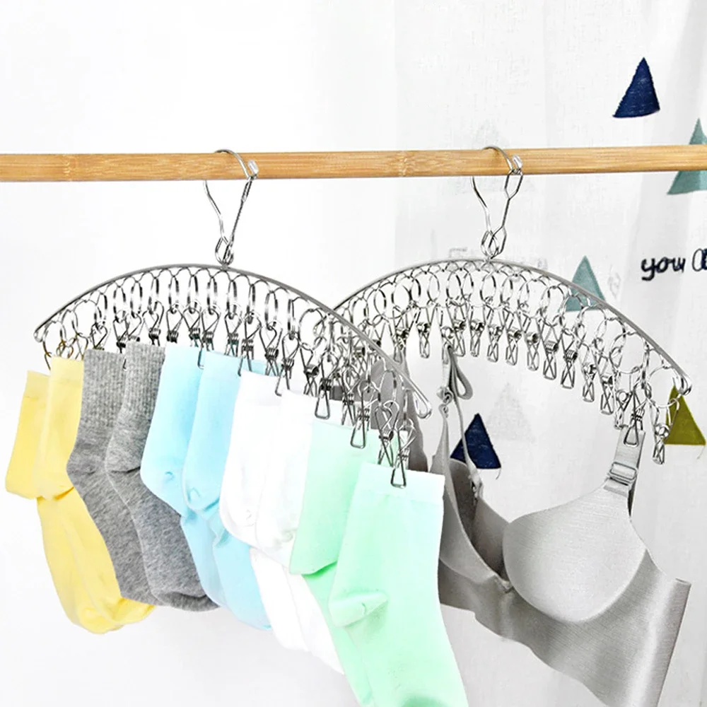 6-20Pegs Stainless Steel Clothes Drying Hanger Windproof Clothing Rack Clips Sock Laundry Airer Hanger Underwear Socks Holder