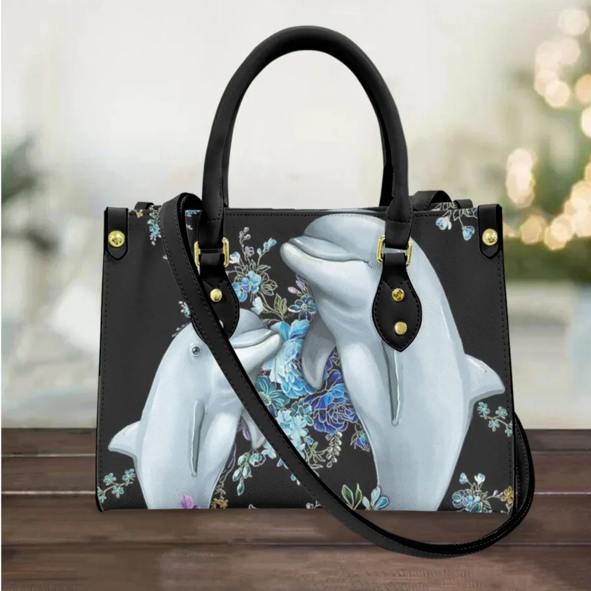 

Cute Rose Dolphin Design Fashion Handbag Luxury Leather Top Handle Small Shoulder Bag Outdoor Street Commuter Messenger Bag Gift