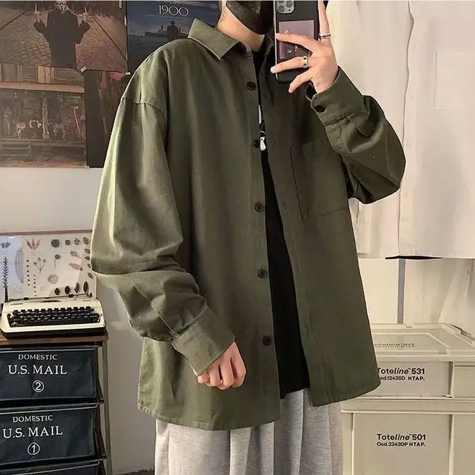 

Solid Color Hong Kong Style Shirt Workwear Pure Cotton Shirt Men New Spring Autumn Style Simple Long-sleeved Casual Youth Tops