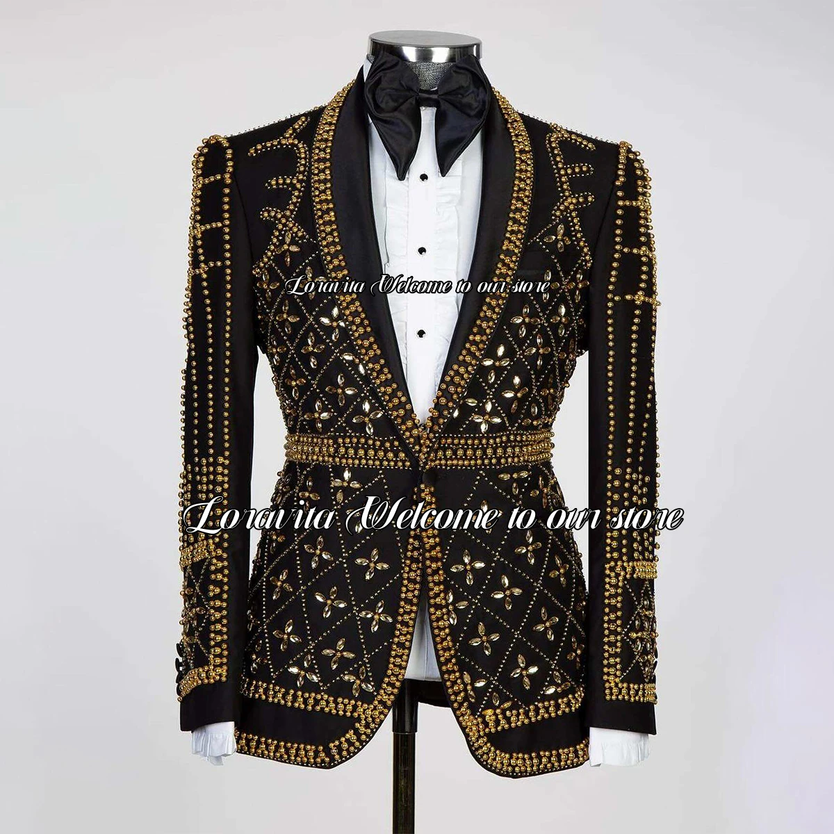 Gold Beaded Crystals Men Suits 2 Pieces Sets Male Prom Blazers Peaked Lapel Wedding Groom Tuxedos Slim Fit Party Costume Homme