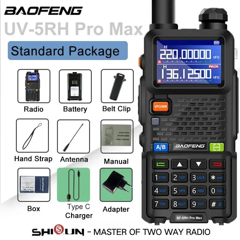 Top UV-5RH Air Band 10W USB C Battery 3800mAh UV5RH Pro Max VHF UHF Six Band 999Ch Frequency Copy FM Radio Am Walkie Talkie