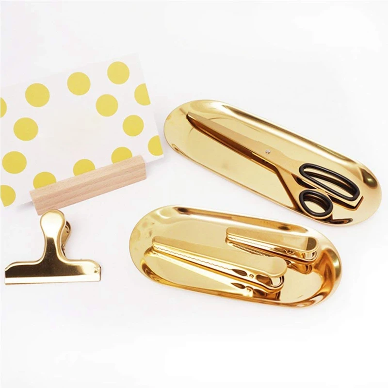 2 Sets Gold Oval Stainless Steel Trinket Tray,Towel Storage Dish Plate Tea Fruit Trays Cosmetics Jewelry Plate