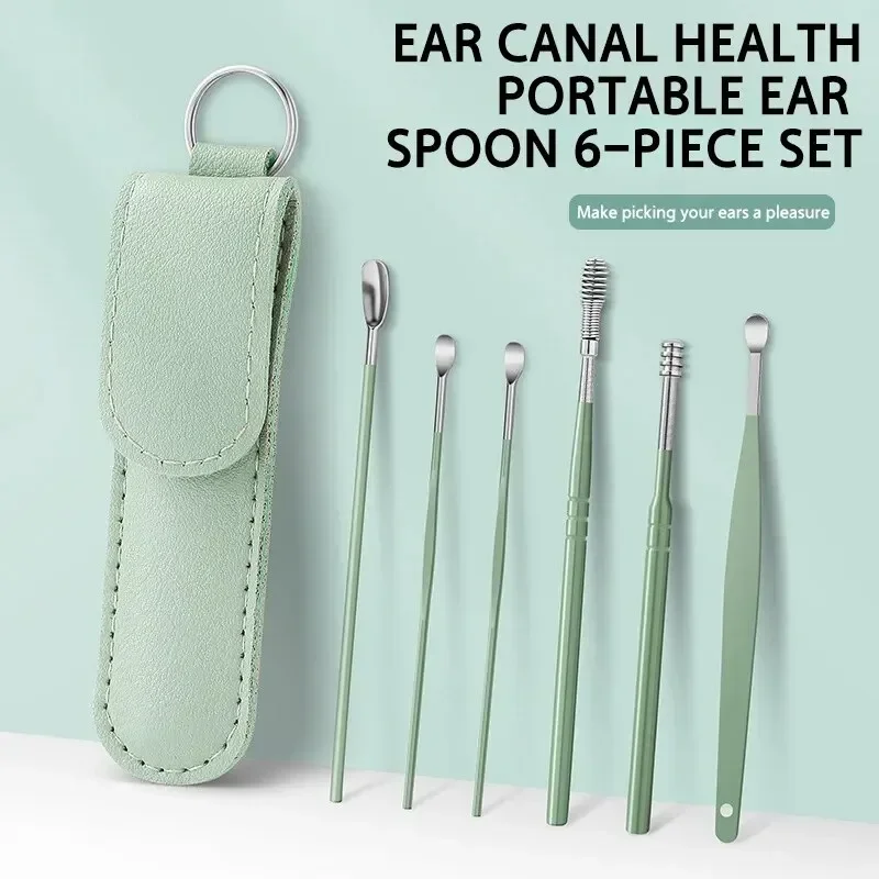 Earspoon Six-piece Ear-picking Tool Stainless Steel Ear-picking Spoon Leather Bag Ear-cleaning Spoon Easy to Carry at Home