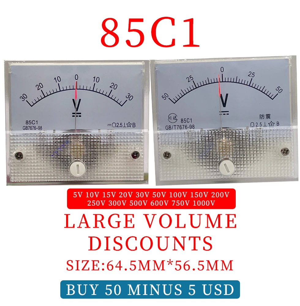 85c1 positive and negative voltmeter DC Voltage 5V ± 10V 15V 20V 30V 400V 500V bidirectional 1000V pointer voltmeter 56 * 64mm i