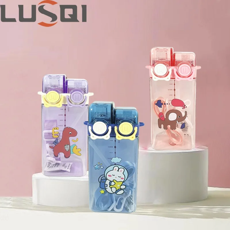 LUSQI 500ML Neue Quadratische Doppel Trinkbecher kinder Stroh Wasser Tasse Bounce Design Auslaufsicher Tragbare Lebensmittel-grade Material