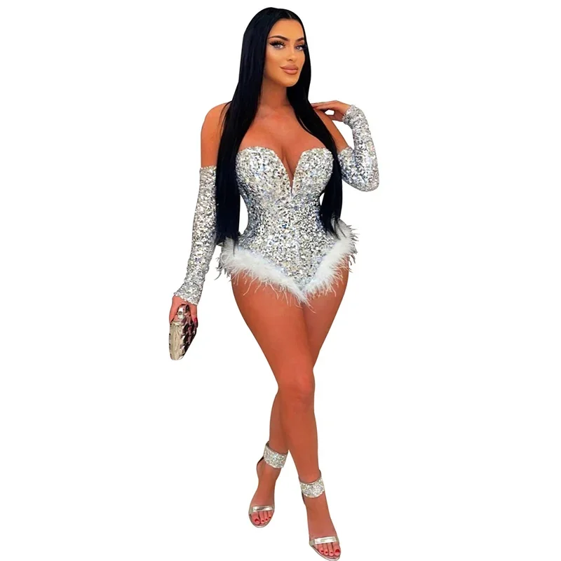 Fashion Sequins Splicing Feather Jumpsuit Women Sexy Backless Long Sleeve Slim Fit Chic Bodysuit Female Party Club Gala Rompers